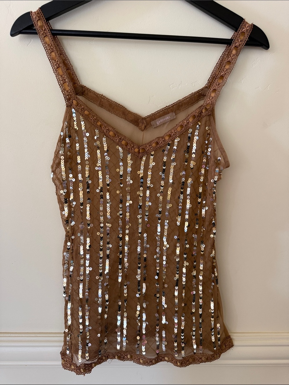 Gadzooks Sheer Sequin Tank Coffee Color Size Small  Festival Club Wear EUC